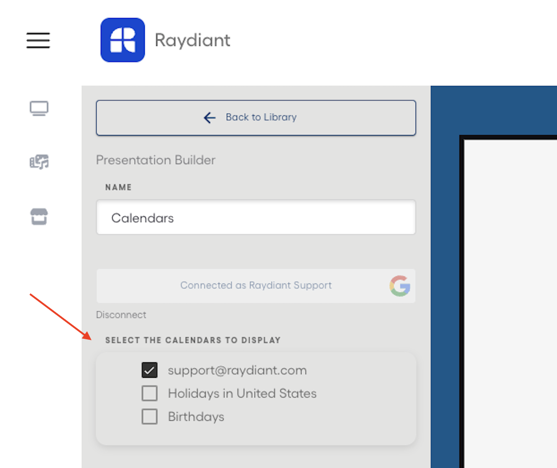 How do I display calendar events on my Raydiant screens?
