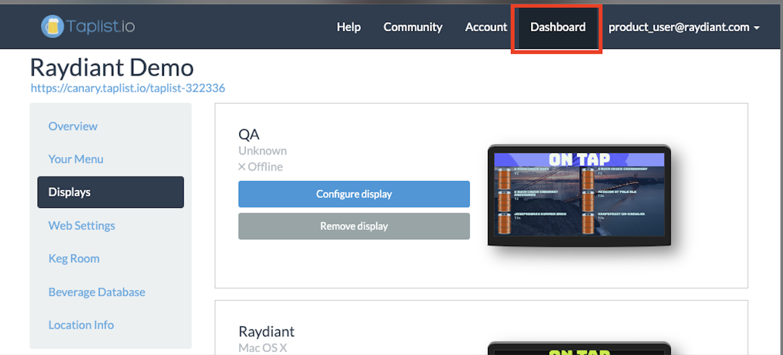 How do I display Taplist.io on my Raydiant screens?